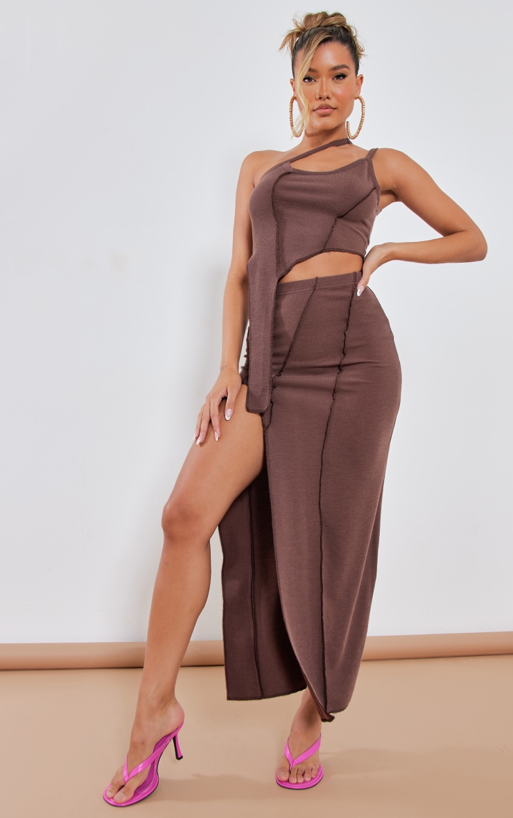 Chocolate Exposed Seam Rib Split Hem Low Rise Maxi Skirt