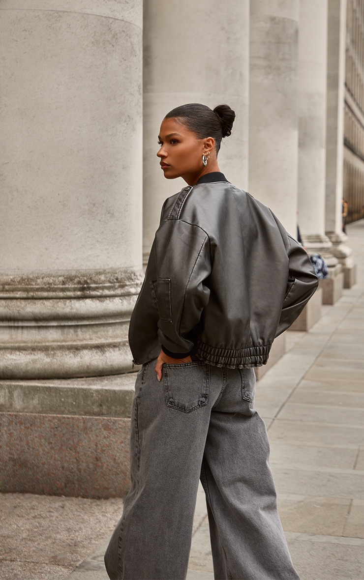 Washed Black Distressed Faux Leather Zip Detail Bomber Jacket image 2