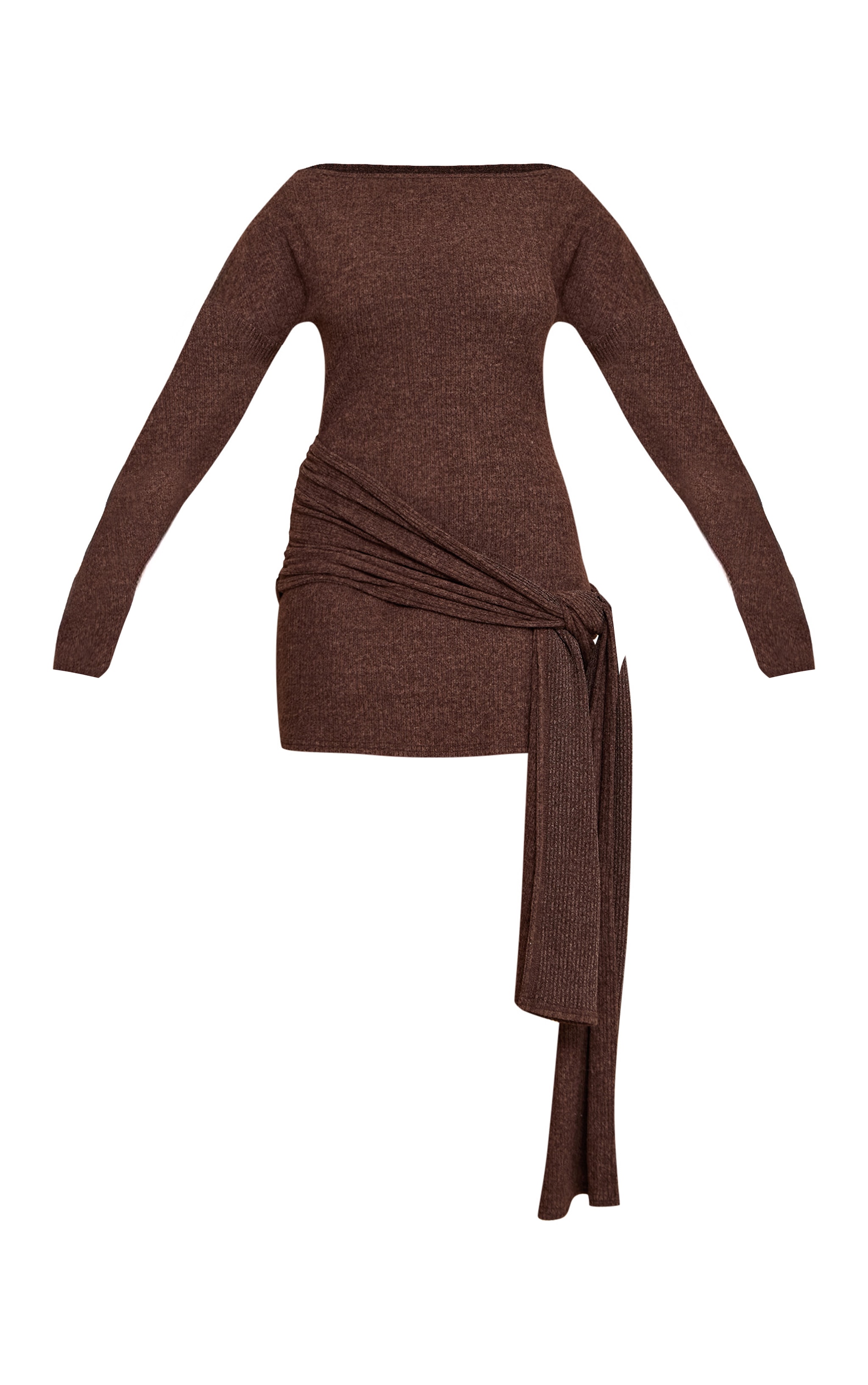 Shape Chocolate Brushed Rib Boat Neck Wrap Waist Mini Dress image 5