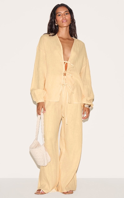 Lemon Textured Cheesecloth Wide Leg Trousers