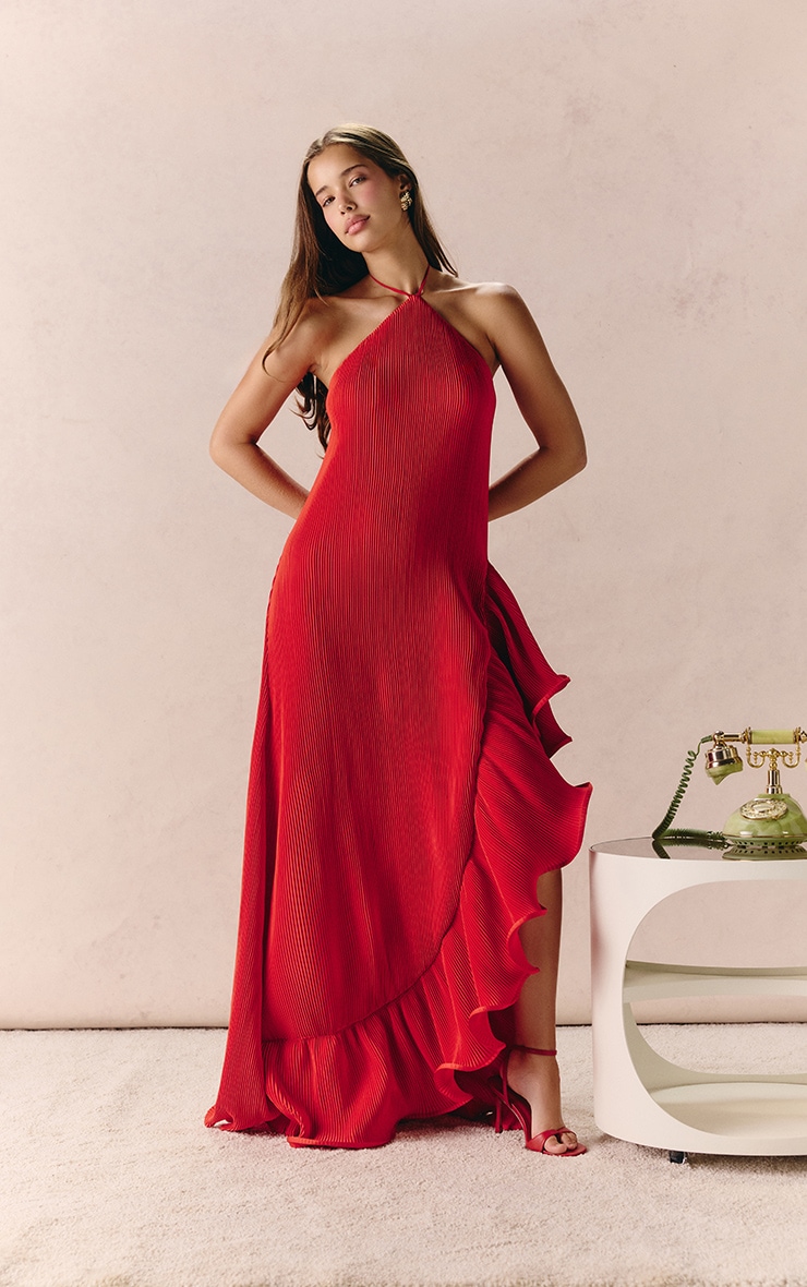 Red Satin Plisse Frill Detail Maxi Dress image 3