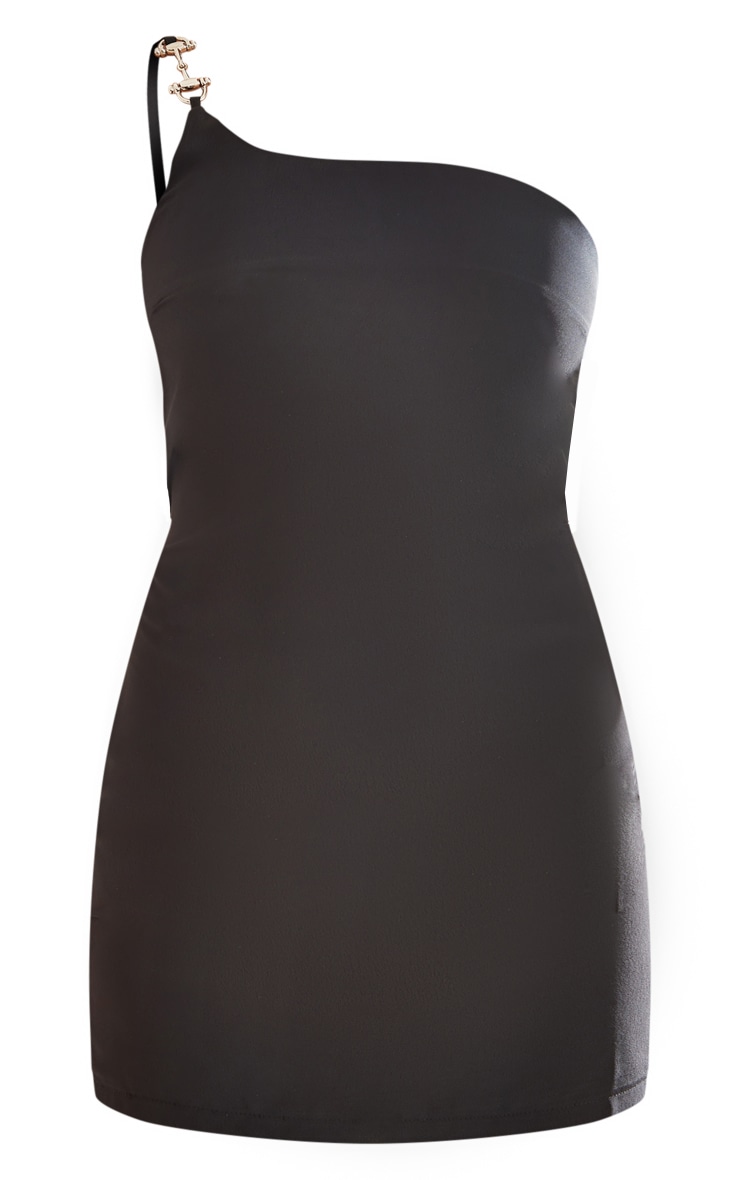 Black Satin One Shoulder Trim Detail Bodycon Dress image 5