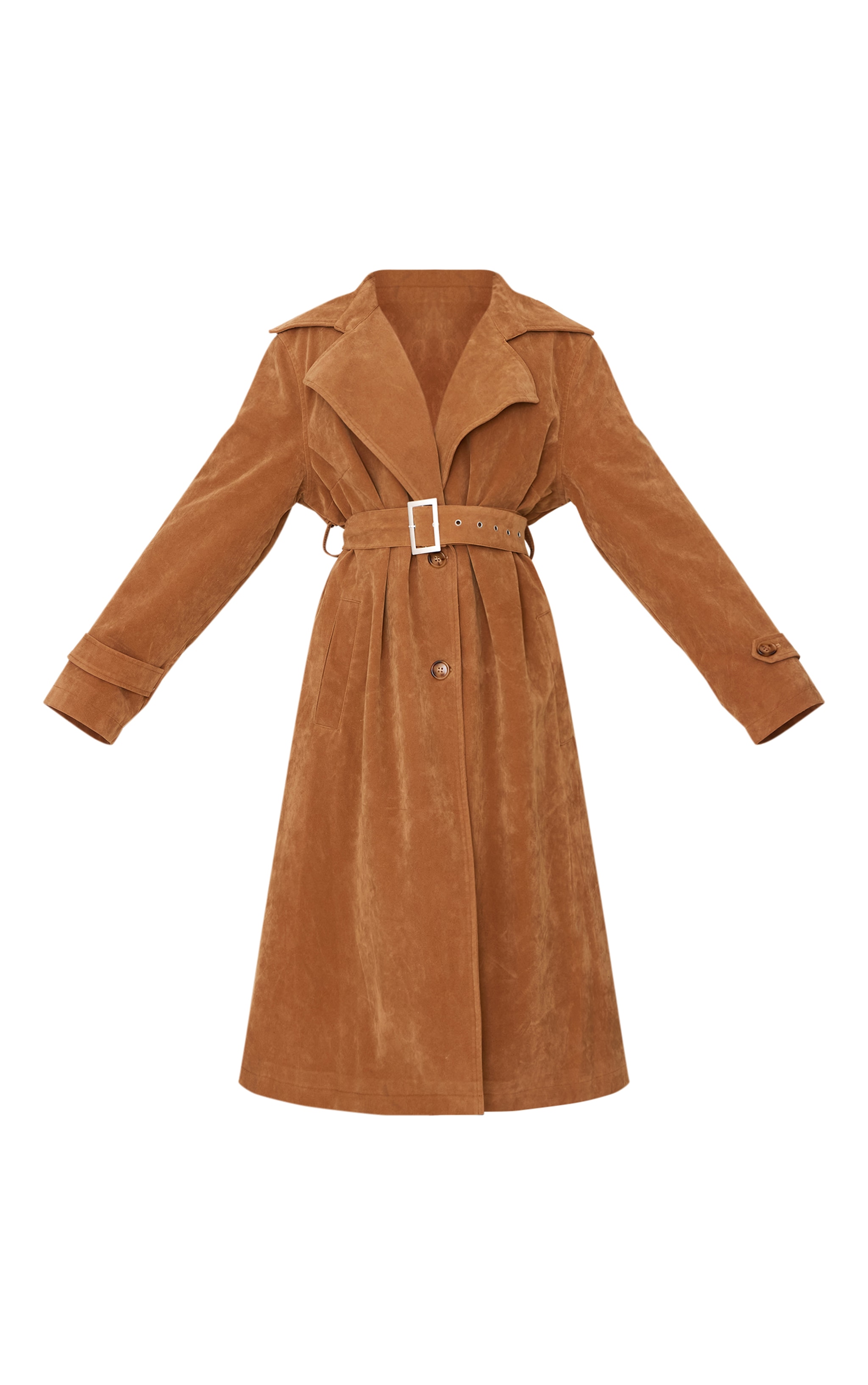 Petite Camel Faux Suede Belted Trench Coat image 5