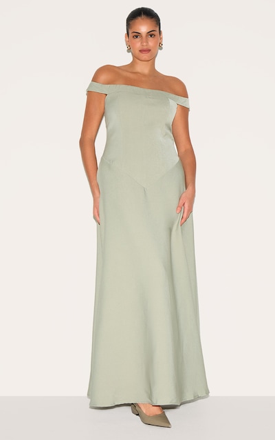 Plus Sage Green Structured Bardot V Waist Maxi Dress