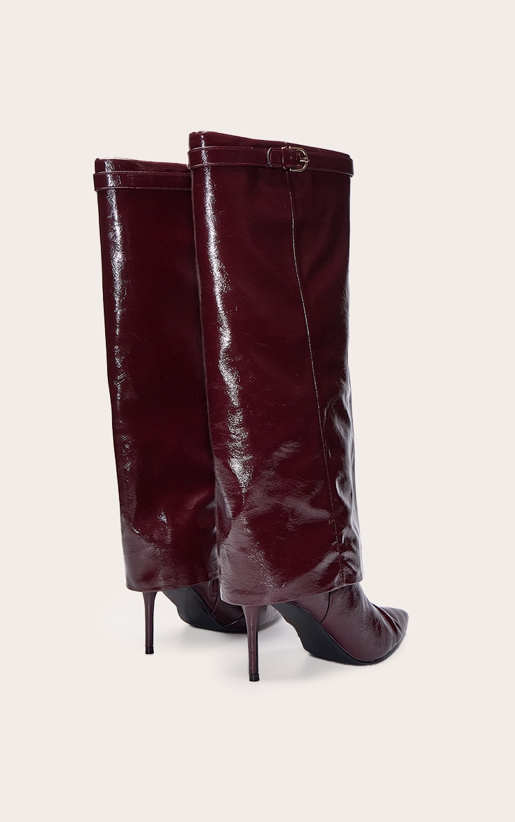 Burgundy Crinkle Fold Over Heeled Knee High Boot image 4