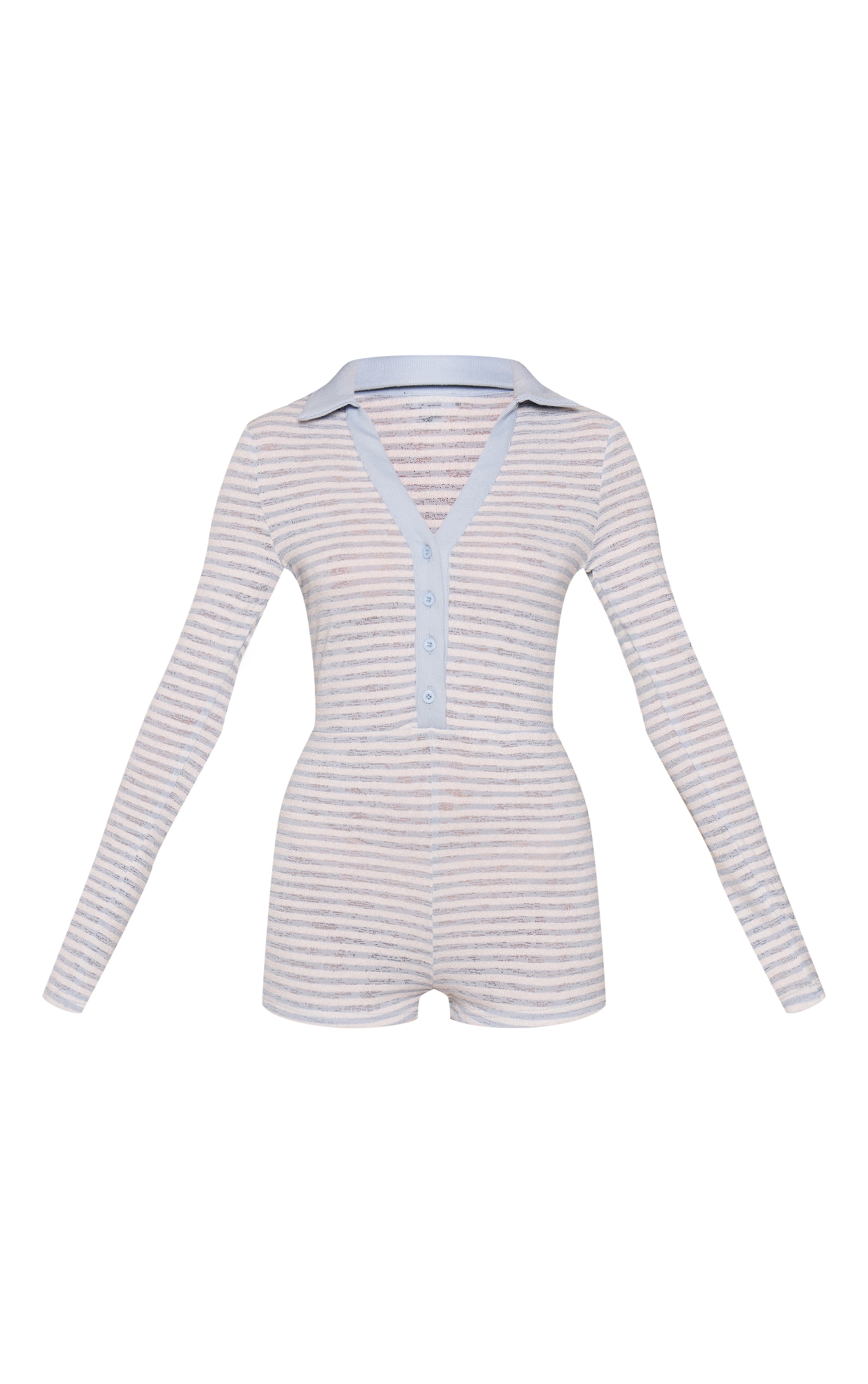 Blue Striped Rib Long Sleeve Collar Detail Romper image 5