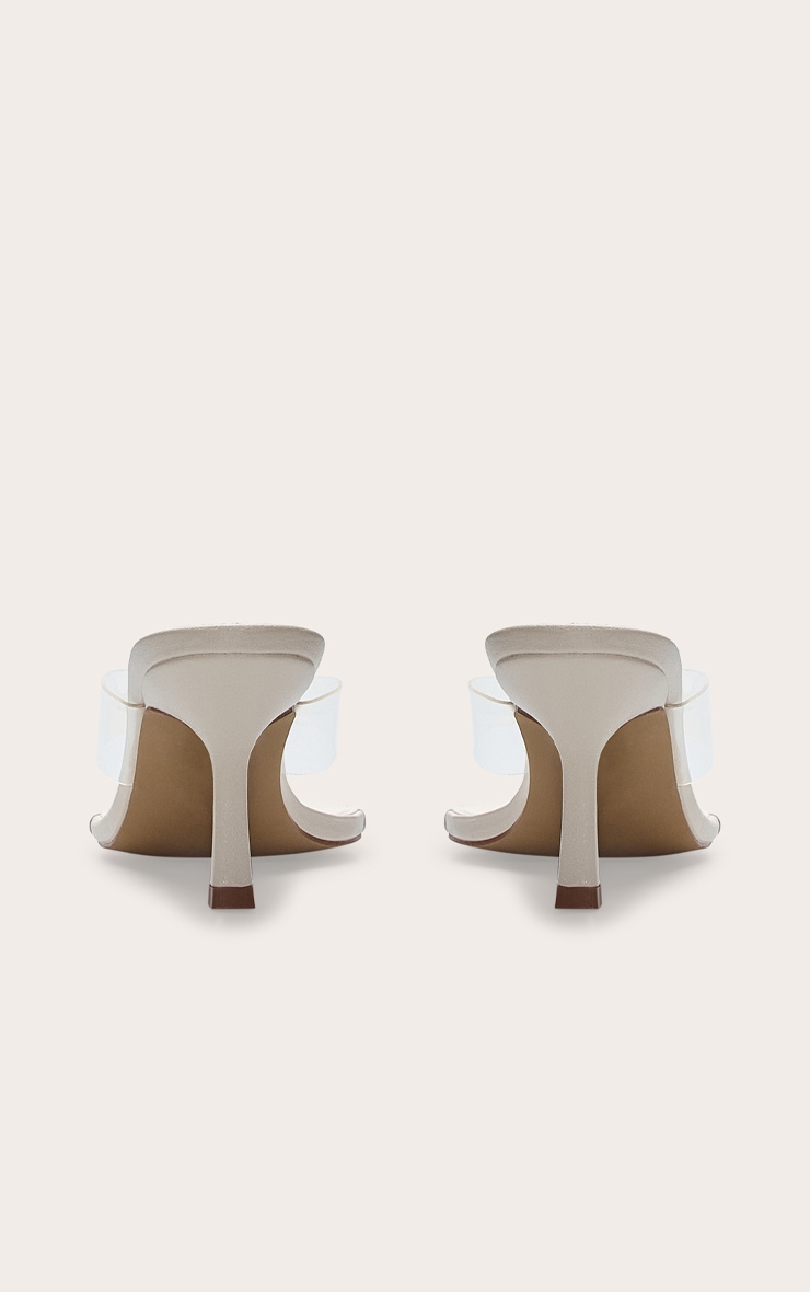 Ecru Pu Round Toe Thong Perspex Straps Mid Heeled Mules image 4