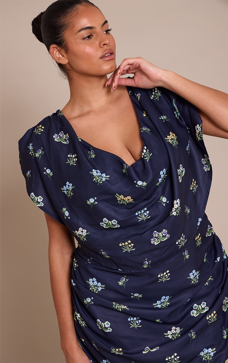 Plus Navy Floral Extreme Cowl Ruched Detail Maxi Dress image 4