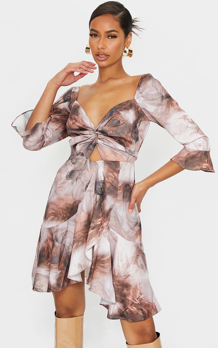 Nude Smoke Print V Neck Ruffle Detail Tea Dress