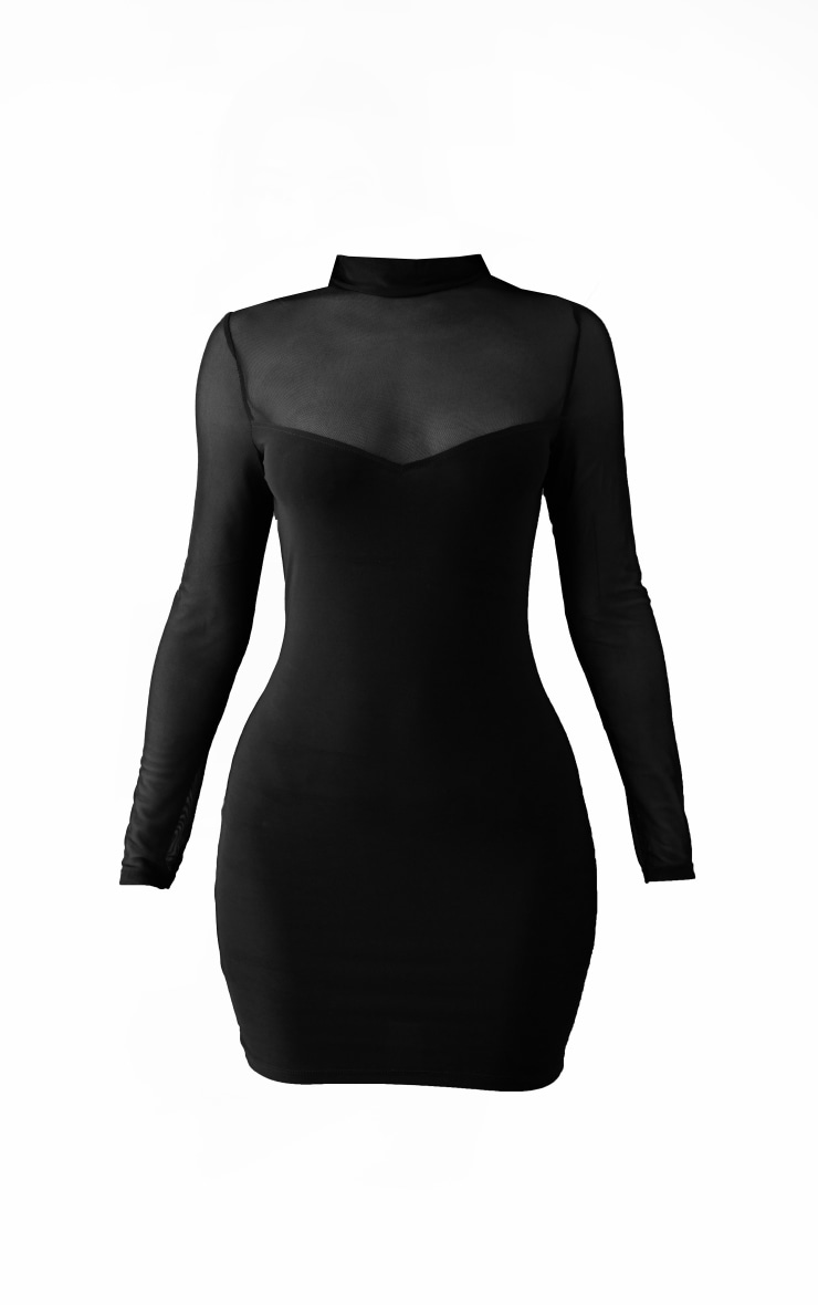 Petite Black Slinky Mesh Insert Long Sleeve Bodycon Dress image 5