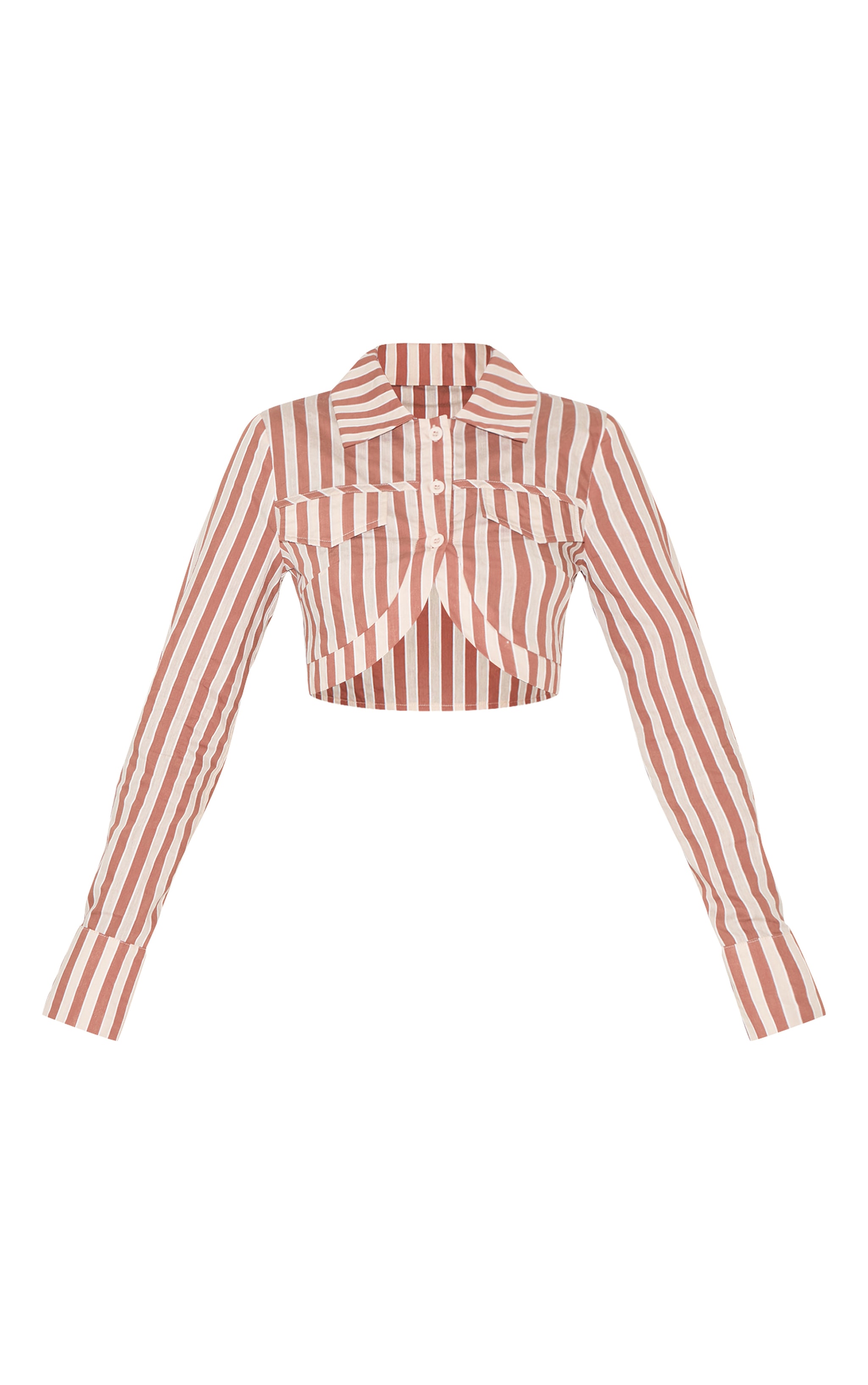 Brown Striped Curved Hem Cropped Shirt image 5