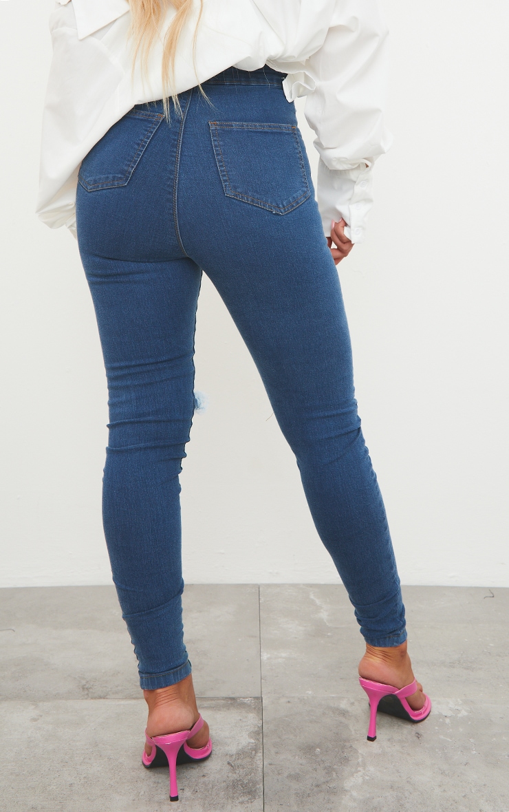 PRETTYLITTLETHING Mid Blue Disco Ripped Skinny Jeans image 3