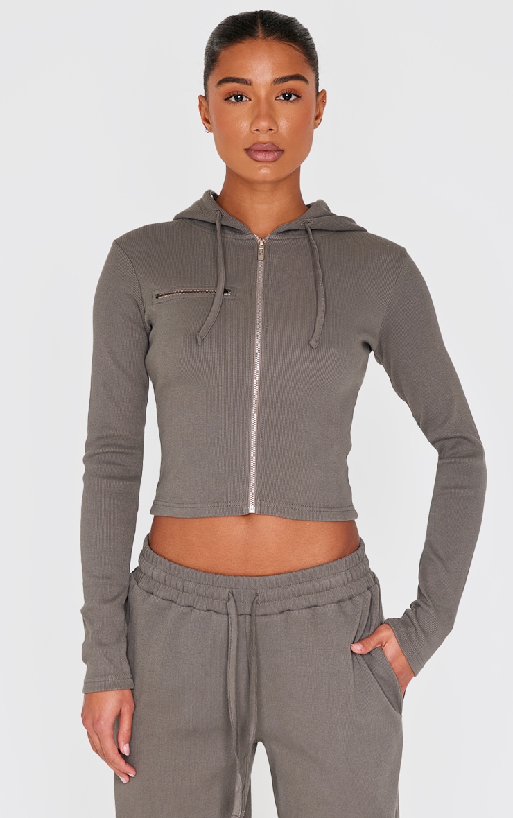 Charcoal Zip Up Ribbed Track Top image 1