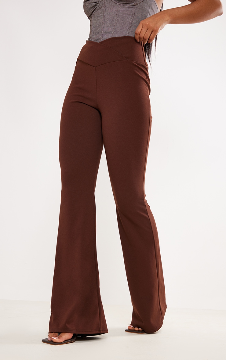 Chocolate Crepe Dip Cross Over Hem Flare Trousers image 2