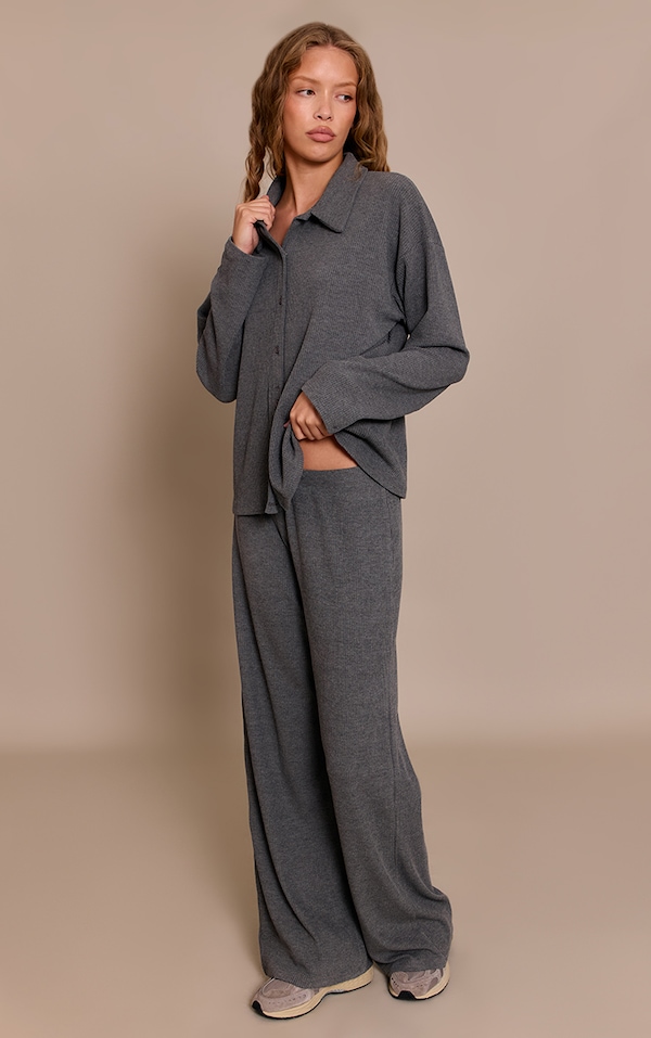 Charcoal Grey Heavy Rib Elasticated Waist Straight Leg Pant
