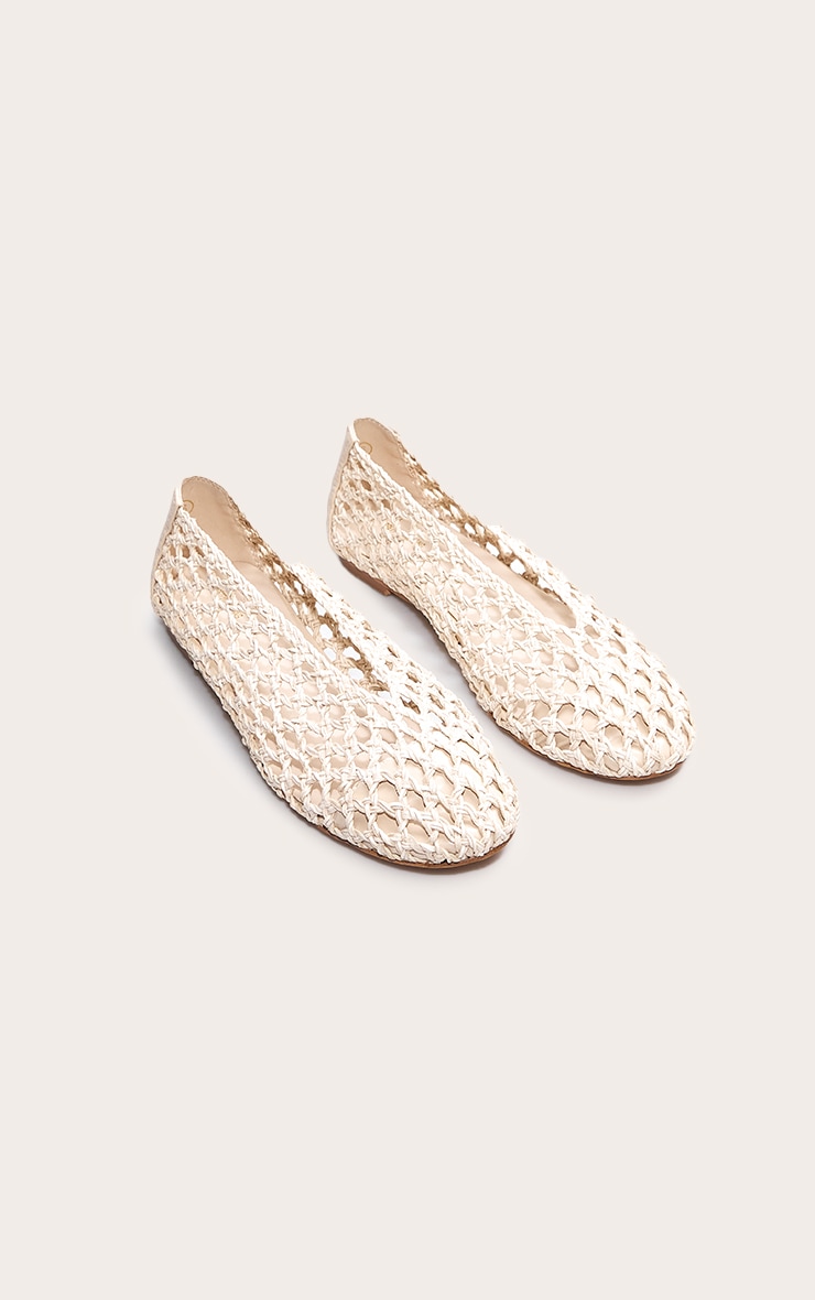 Cream Pu Round Toe Woven Ballet Flats image 2