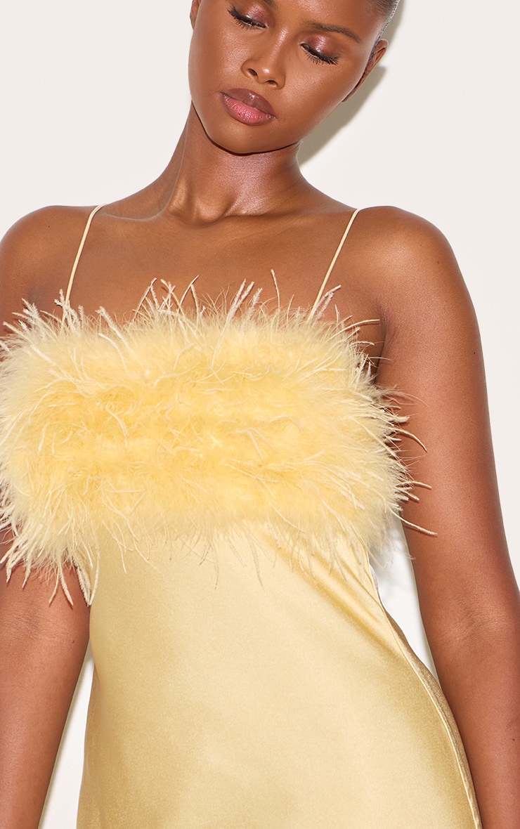 Lemon Satin Feather Bust Detail Strappy Maxi Dress image 4