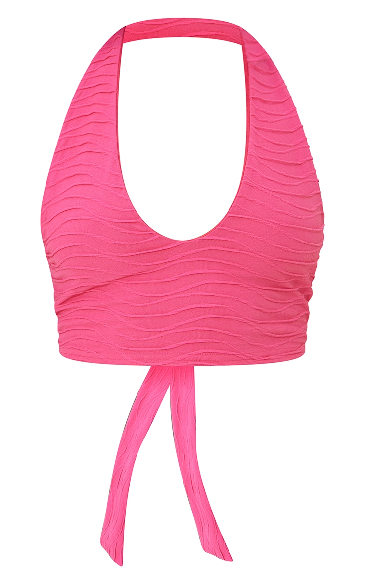Hot Pink Ripple Rib Halter Crop Top PrettyLittleThing KSA
