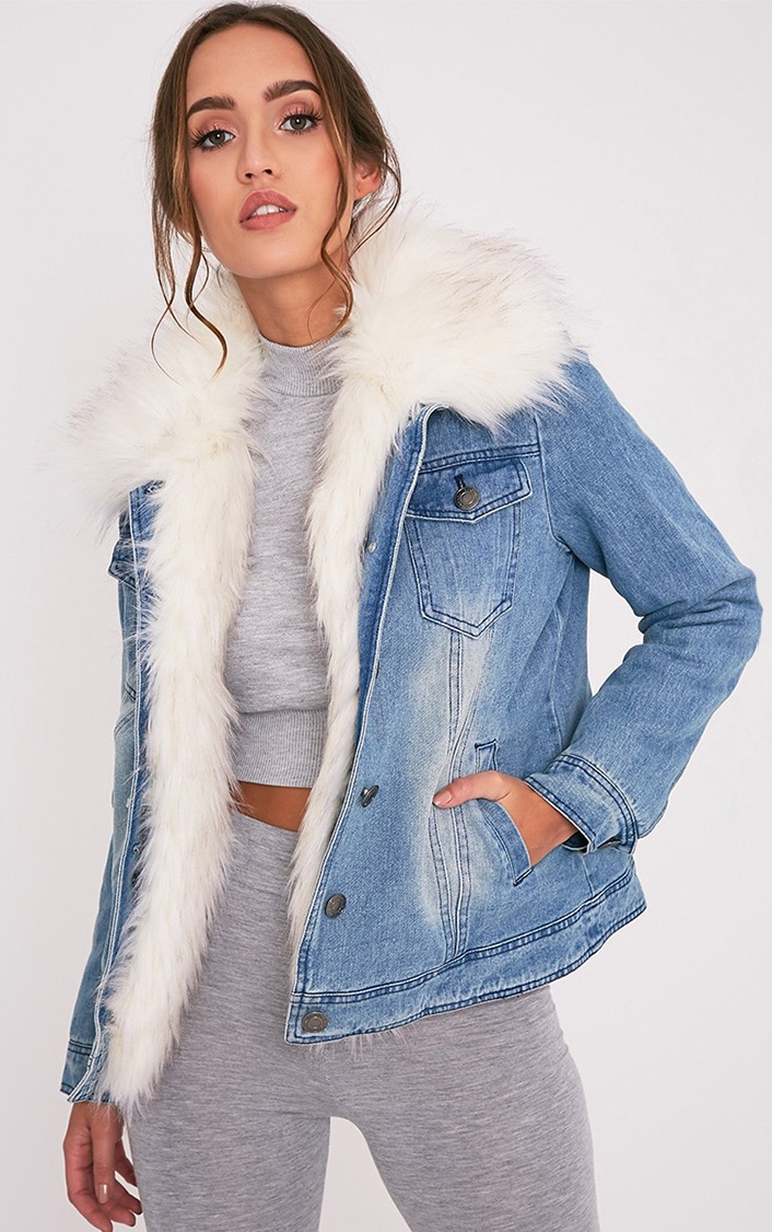 Yalena Denim Faux Fur Lined Jacket Jumpers Prettylittlething Usa 