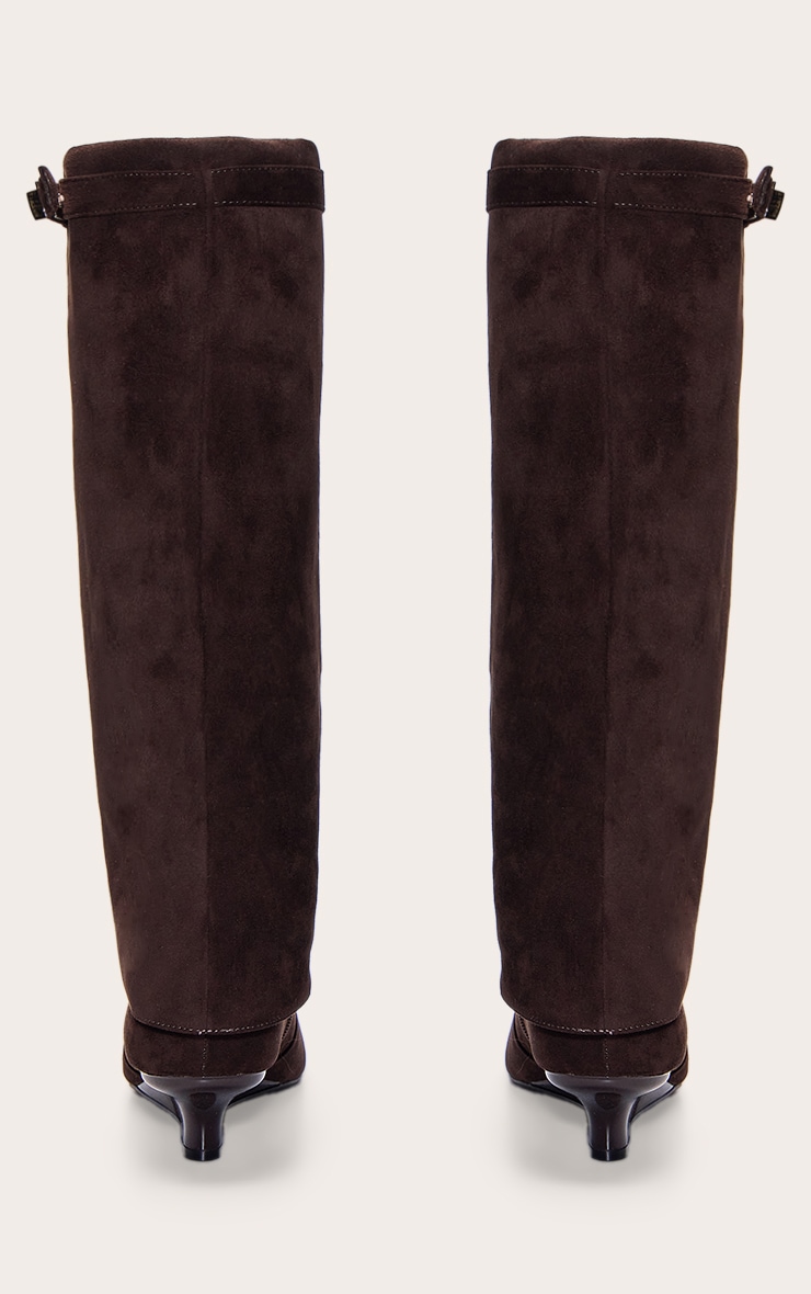 Chocolate Faux Suede Kitten Wedge Knee High Fold Over Boots image 4