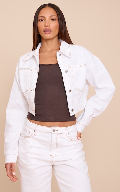 Tall White Balloon Sleeve Cropped Denim Jacket