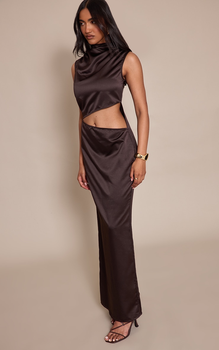 Chocolate Satin High Neck Cut Out Maxi Dress image 3