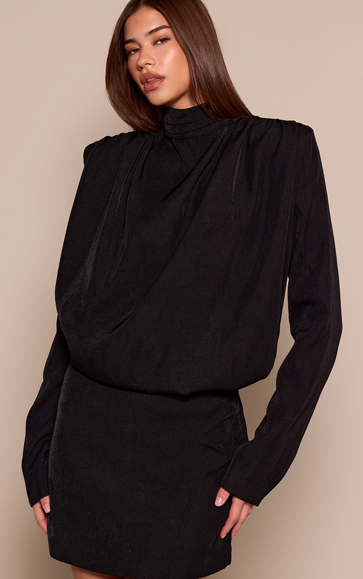 Black Woven Shoulder Pad Draped Top image 1