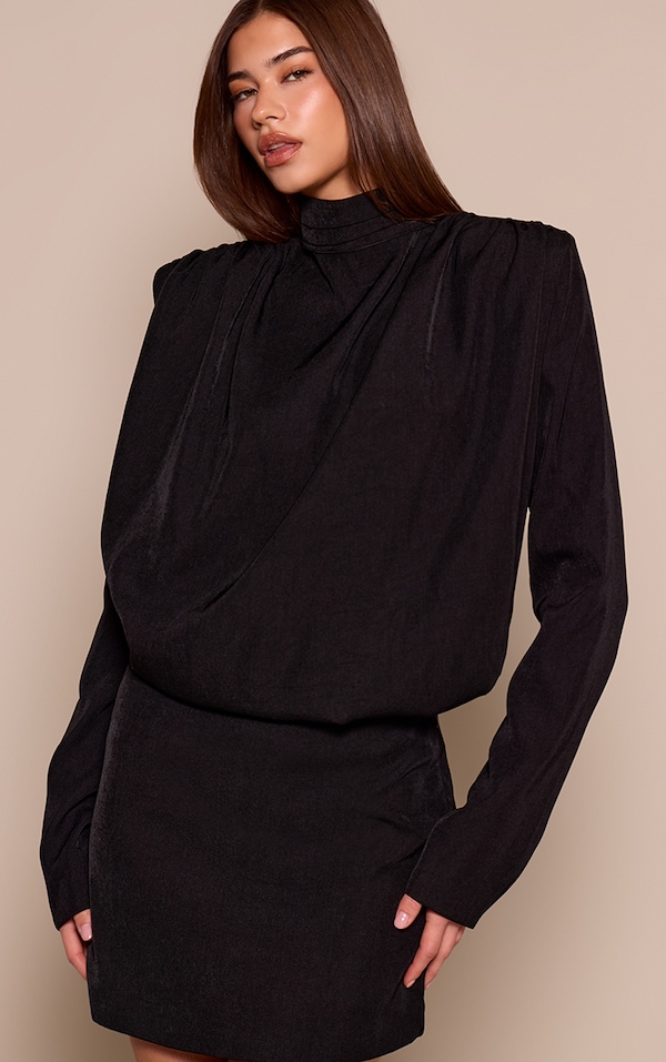 Black Woven Shoulder Pad Draped Top