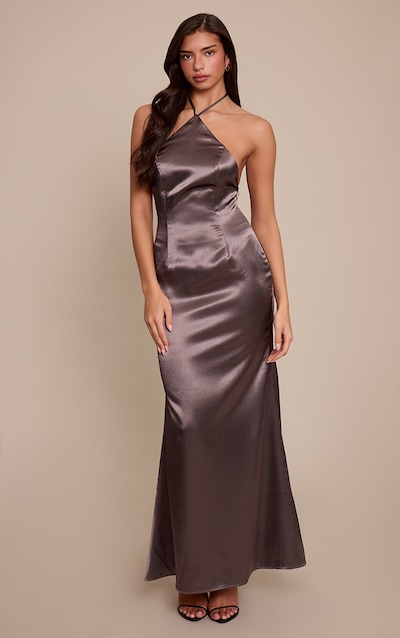 Charcoal Satin Halterneck Tie Neck Maxi Dress