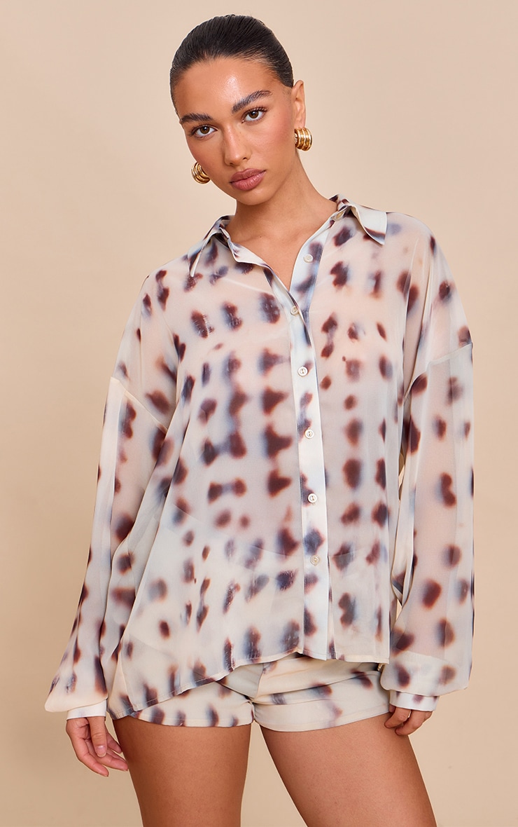 Cream Chiffon Printed Oversized Shirt image 1