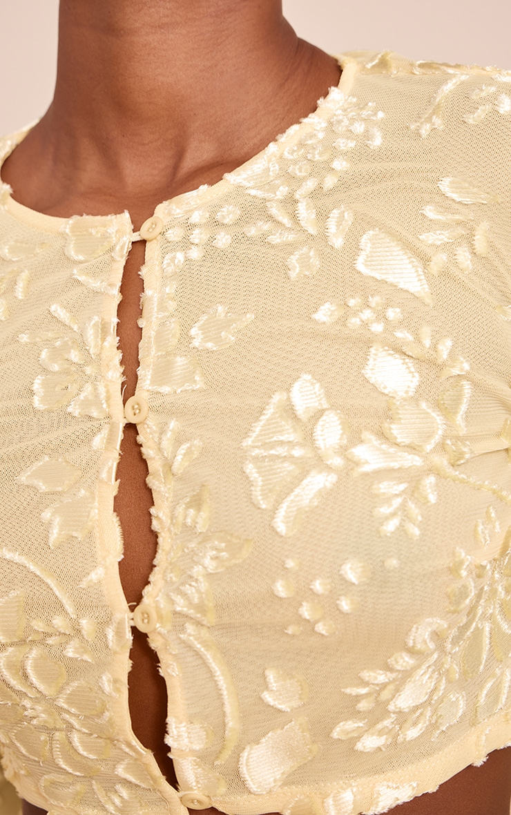 Butter Yellow Floral Sheer Button Cropped Top image 4