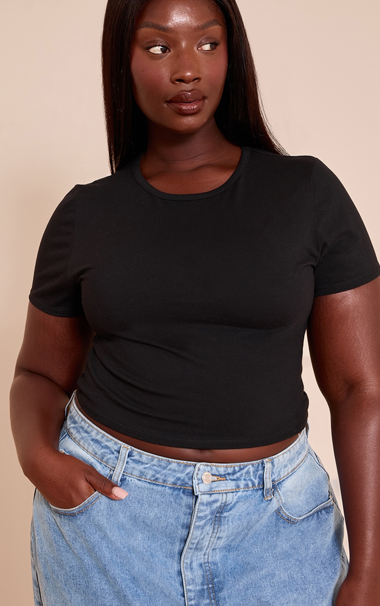 Plus Black Cotton Crew Neck Cropped Short Sleeve T-Shirt image 1