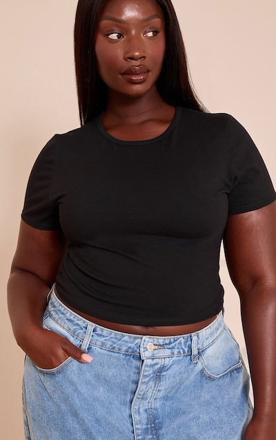Plus Black Cotton Crew Neck Cropped Short Sleeve T-Shirt