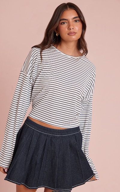 White Ribbed Stripe Oversized Slouchy Long Sleeve Top