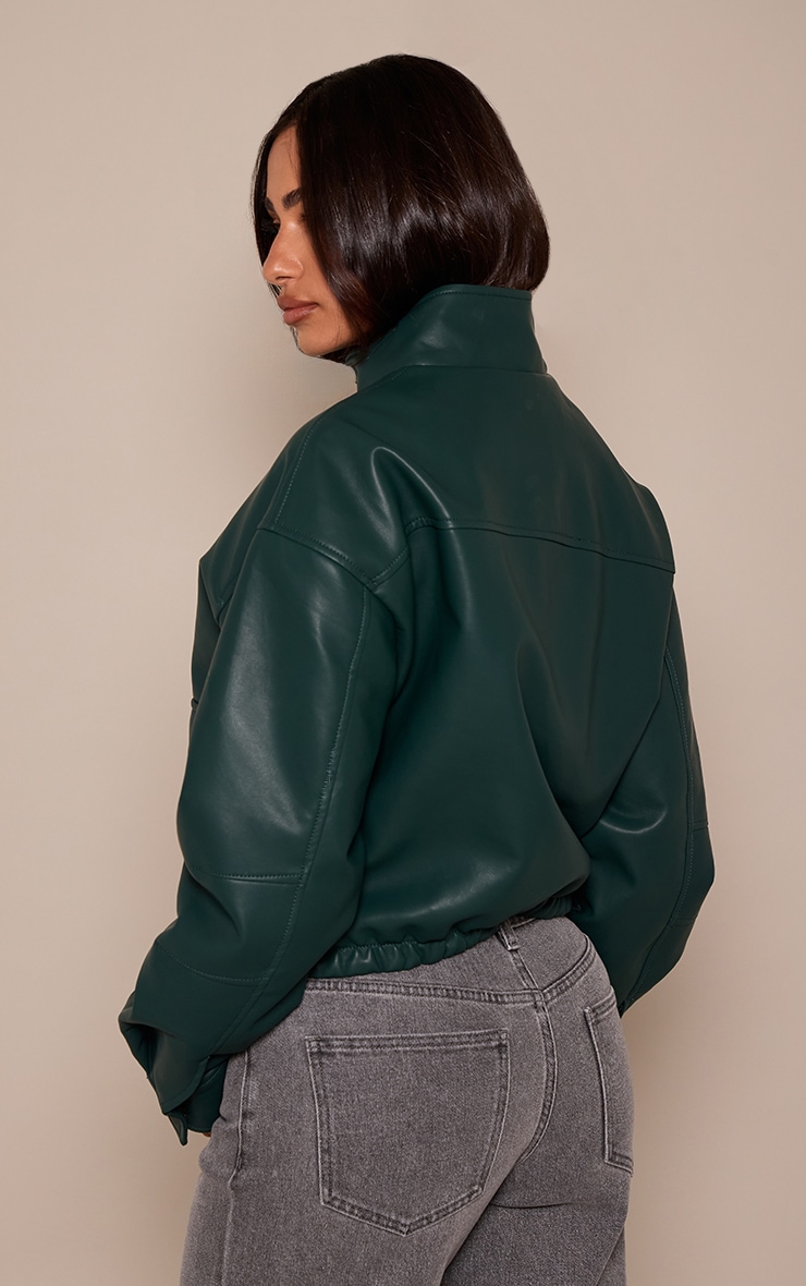 Petite Deep Green Faux Leather Bomber Jacket  image 2