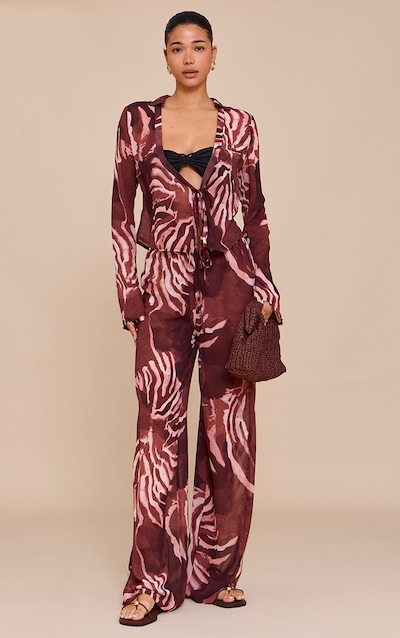 Brown Chiffon Abstract Print Wide Leg Pants