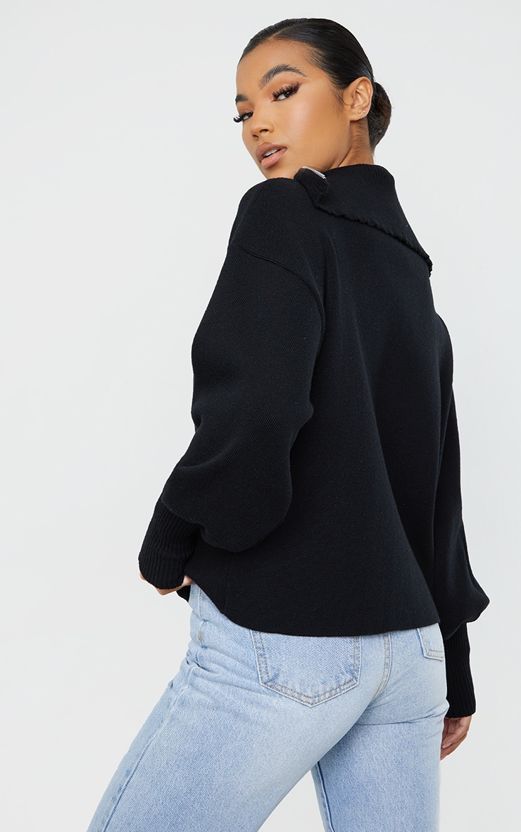 Black Zip Up Slouchy Knitted Balloon Sleeve Jumper PrettyLittleThing
