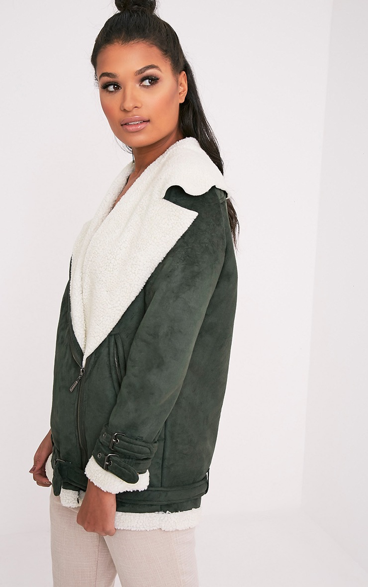 Simmi Khaki Faux Suede Oversized Aviator Jacket PrettyLittleThing USA