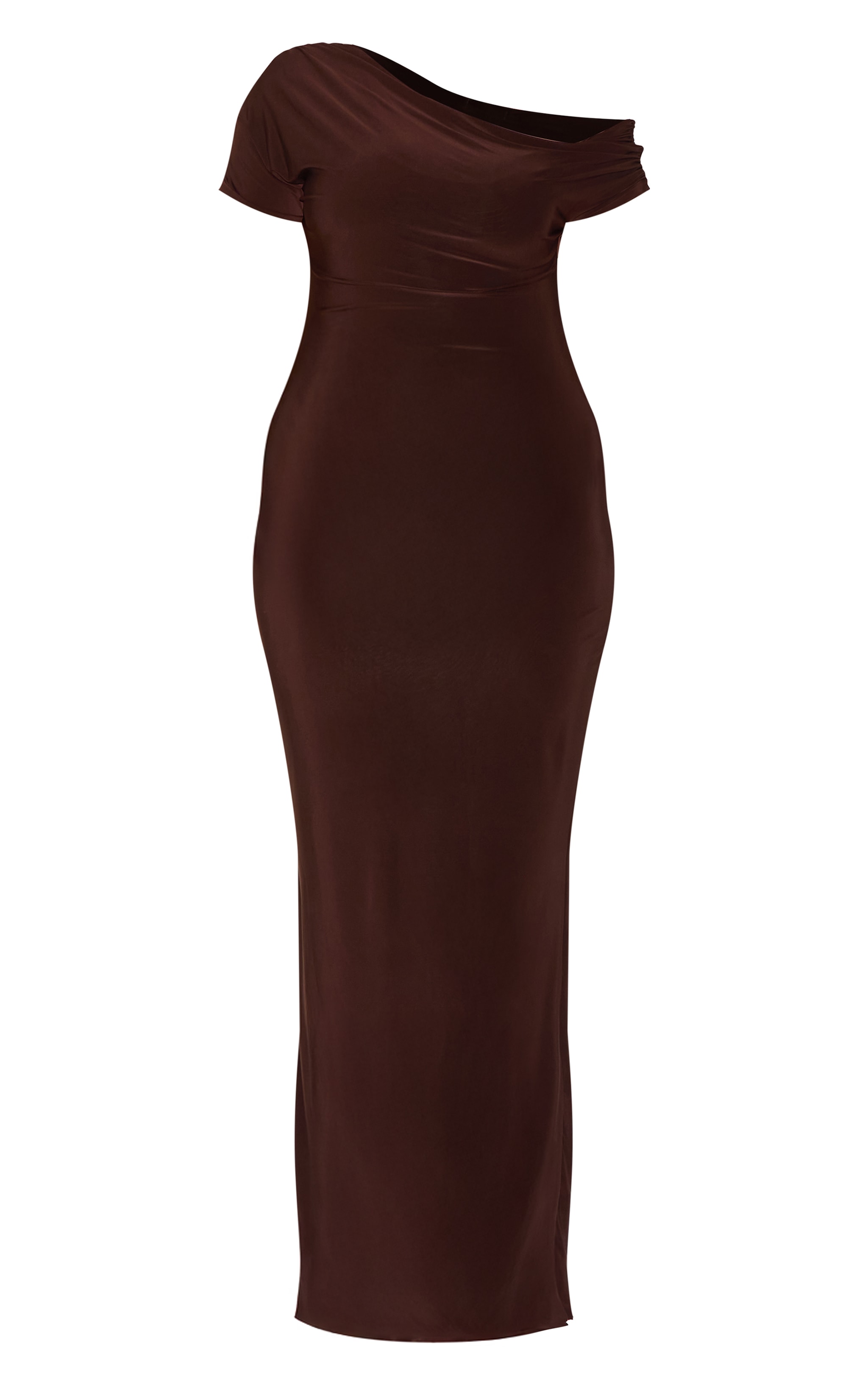 Plus Dark Chocolate Double Layer Slinky Asymmetric Ruched Sleeve Maxi Dress image 5