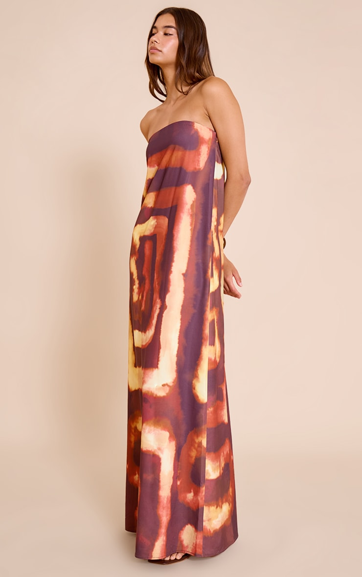 Deep Orange Tie Dye Print Floaty Woven Bandeau Maxi Dress image 3