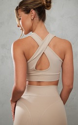 PRETTYLITTLETHING Taupe Light Luxe Cross Back Sports Bra 4
