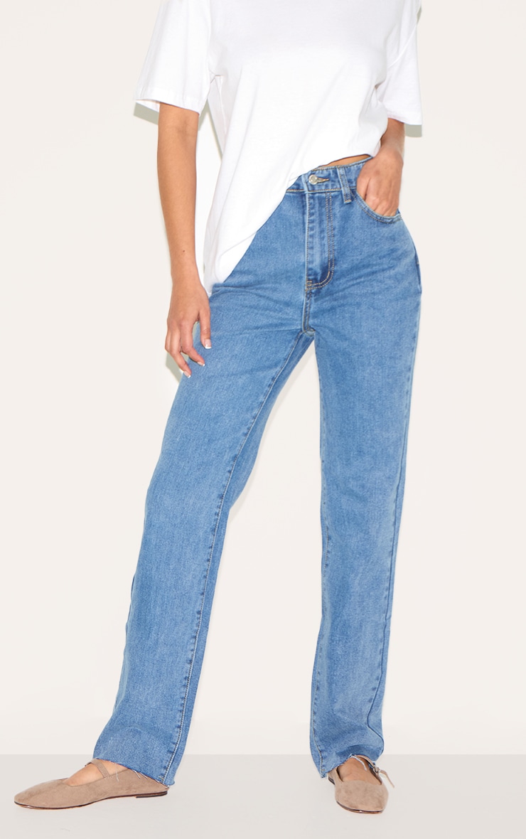 Mid Blue Wash Raw Hem Straight Leg Jean image 2