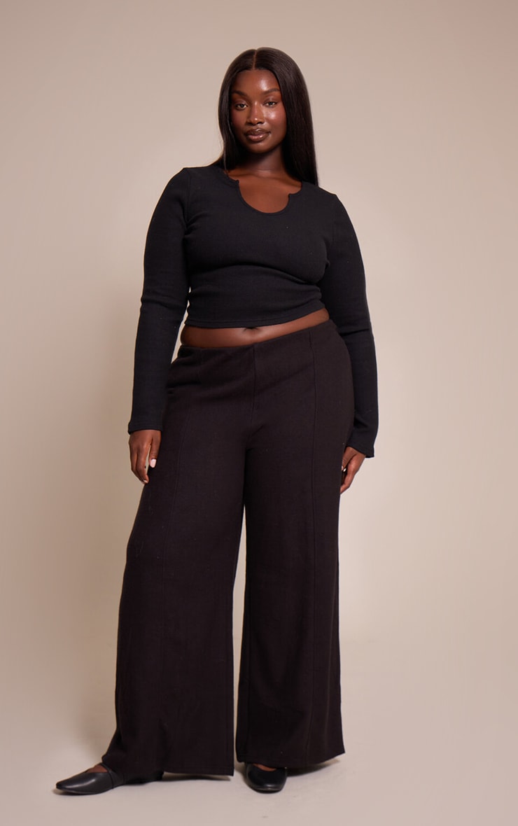 Plus Black Soft Touch Rib Round Neck Long Sleeve Top image 3