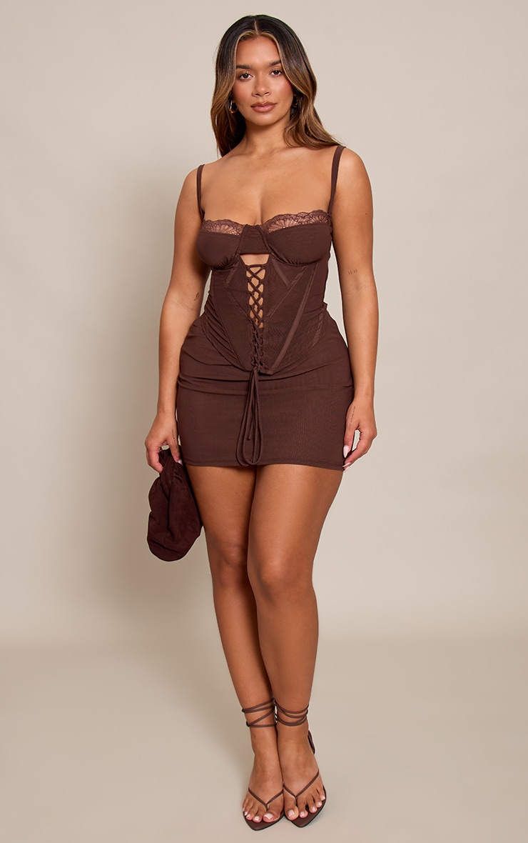 Shape Chocolate Mesh Lace Up Scallop Trim Corset image 3