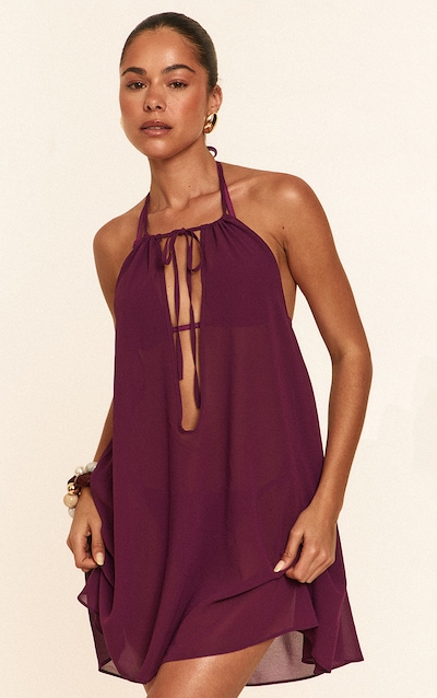 Robe de plage en mousseline de soie violette à dos nu et décolleté