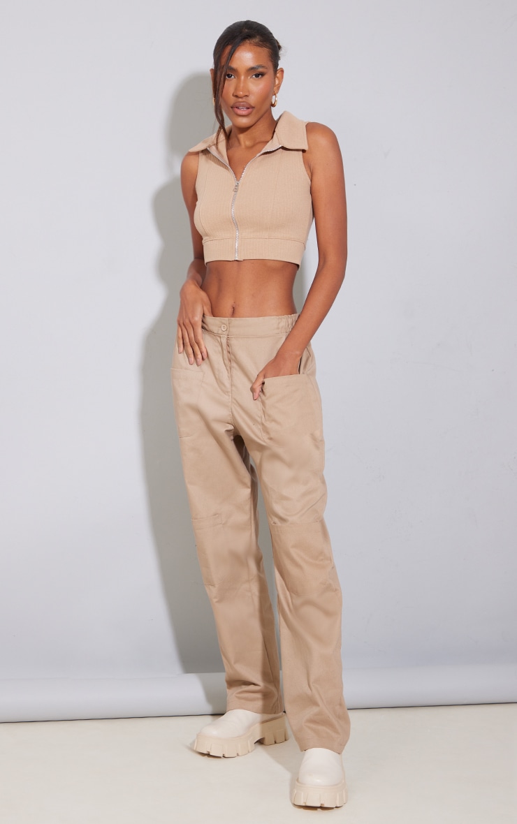 Women Charcoal Rib Front Zipper Crop Top