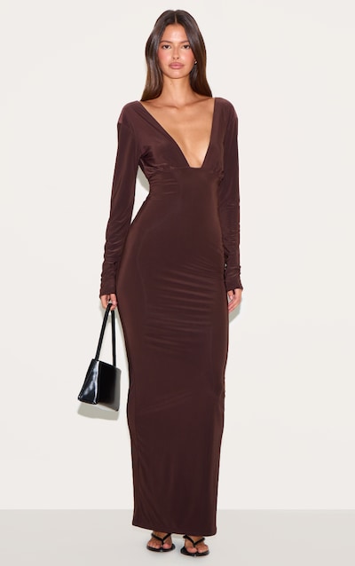 Robe longue doublée chocolat profond à décolleté plongeant