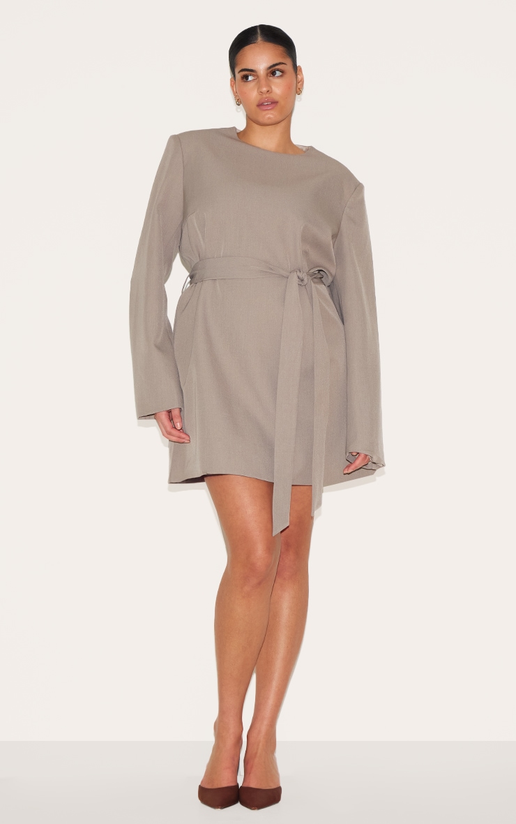 Plus Grey Tailored Belt Detail Long Sleeve Shift Dress image 3