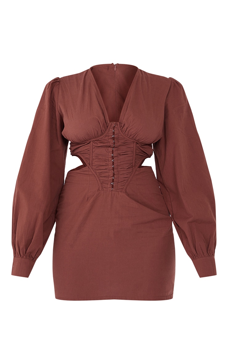 Chocolate Long Sleeve Hook & Eye Ruched Cut Out Bodycon Dress image 1