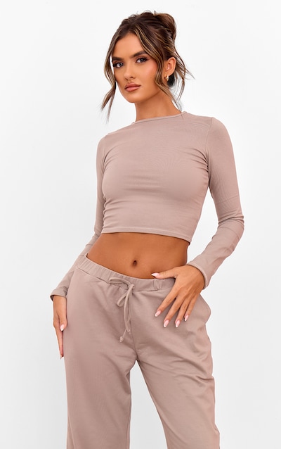 Taupe Cotton Jersey Long Sleeve Crew Neck Top